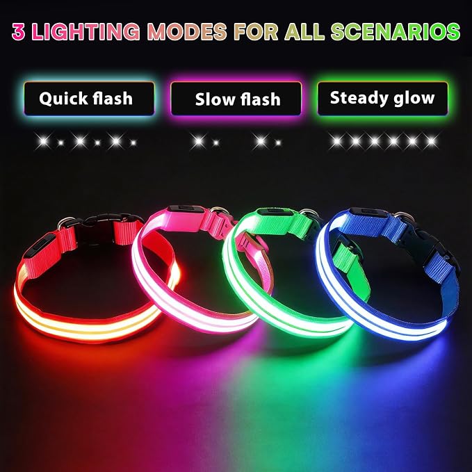 Neon LED Light Up Dog Collar for Night Walking, Rechargeable Safety Glow Illuminated Collar with 3 Modes Flashing, Reflective Adjustable Pet Light for Small/Medium Dogs Puppy 15-19" Neck (Pink) - Image 2