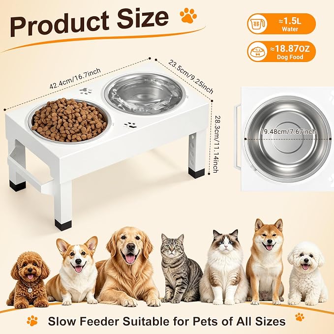 Elevated Dog Bowls Stand Large Breed, Height Adjustable Raised Dog Bowls Holder with 2 Stainless Steel Food Bowls for Small, Medium and Large Canine，White - Image 3
