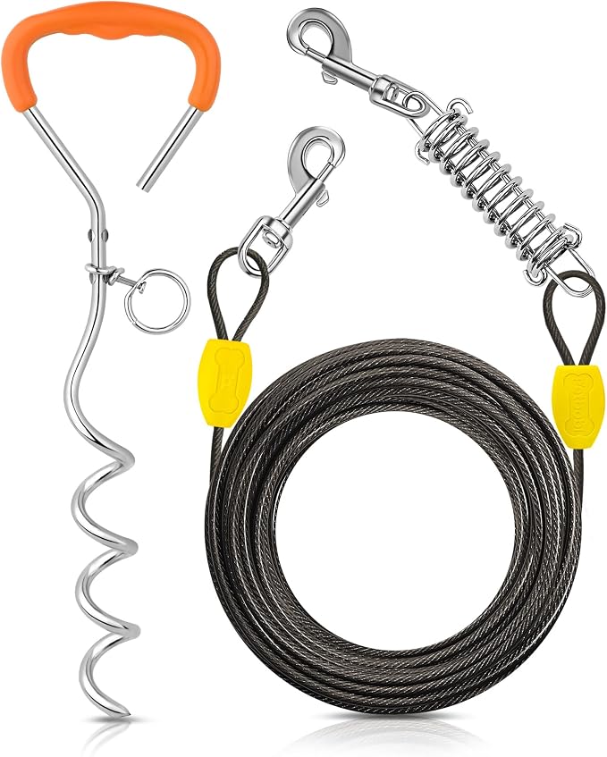 Petbobi Dog Tie Out Cable and Stake, 40ft Heavy Duty Dog Leads for Yard | 4in Shock Spring, 16in Spiral Ground Anchor, 360° No-Tangle Swivel, Chew-Proof Rustproof Wire, Up to 120 lbs, Outdoor Camping by Petbobi