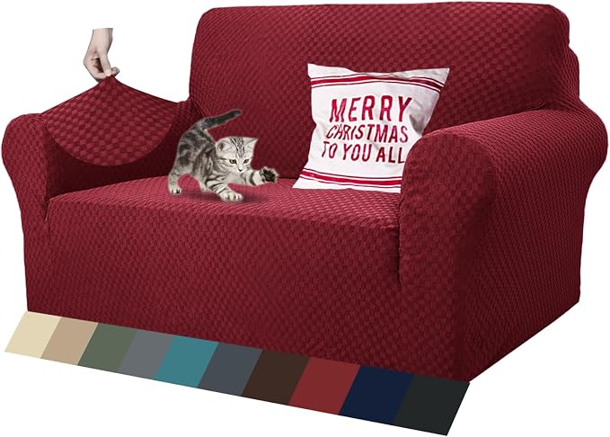 ZNSAYOTX 1 Piece Jacquard Couch Covers for 2 Cushion Couch High Stretch Loveseat Slipcover for Pets Dogs Anti Slip Love Seat Sofa Slipcover Furniture Protector (Loveseat, Wine Red) by ZNSAYOTX