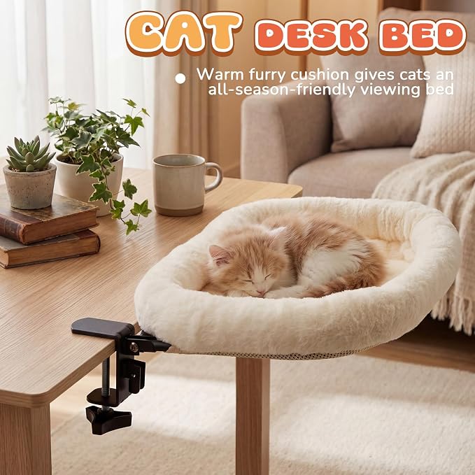 Lewtemi Bedside Pet Bed, Hanging Cat Hammock Attached to Bed or Desk, Adjustable Lounge with Heavy Duty Metal Frame, Soft Plush Guardrail, Stable Supports up to 44 Lbs for Large Cats(Cream) - Image 3