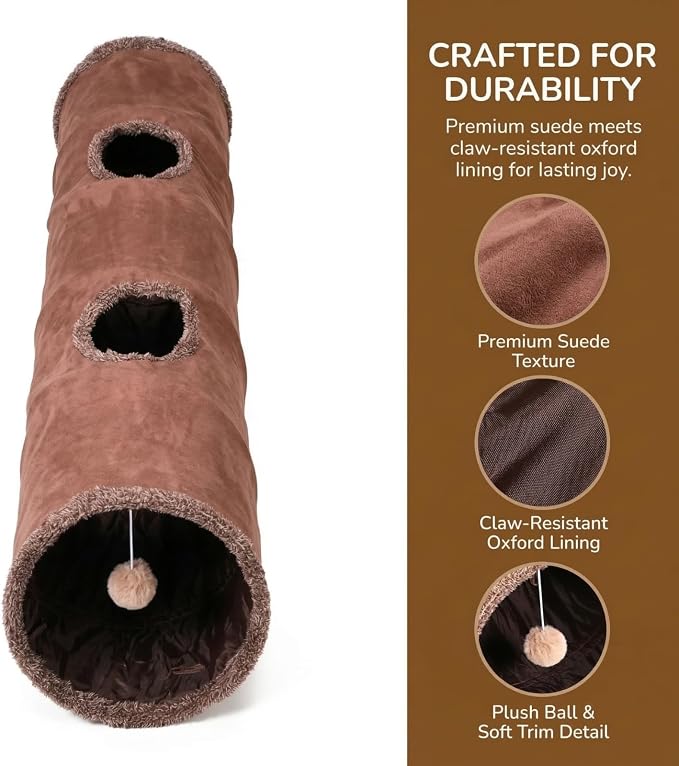 51"x 12" Collasiple Cat Play Tunnel, Cats Tubes and Tunnels, Cat Foldable Hide and Seek Tunnel Toy, Brown Suede Pet Tube Toy for Rabbits, Ferrets, Puppy, Diameter 12 Inch - Image 3