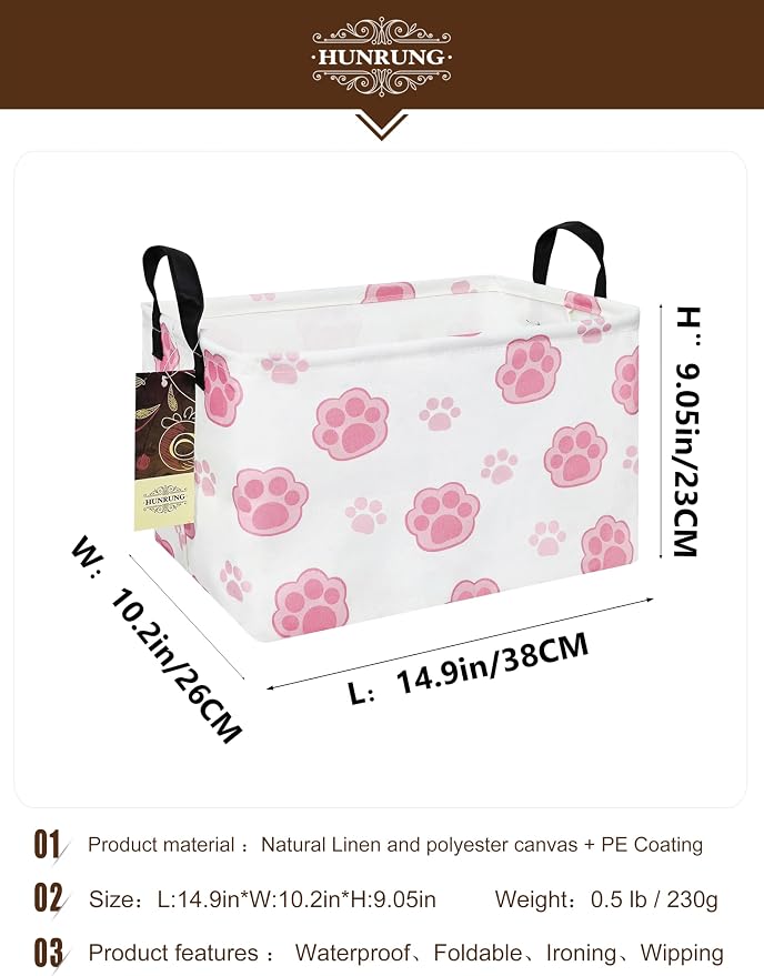 Rectangle Foldable Storage Basket Handles For Home, Pink Paw | Waterproof reinforced handles, perfect for shelf use, organizes clothes, daily items and pet supplies - Image 2