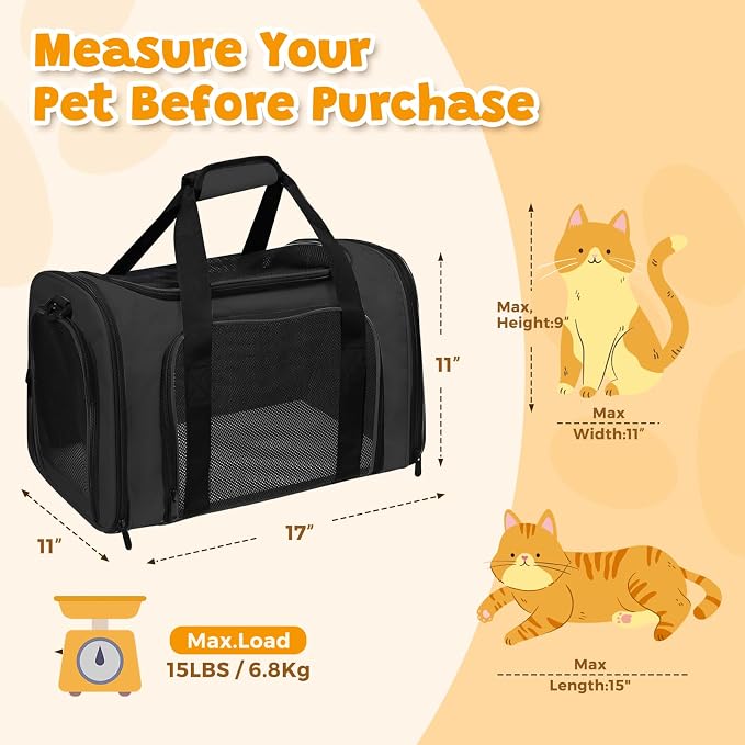 Cat Carrier Soft Up to 16 Lbs, Breathable Pet Travel Bag with Steel Frame | Lockable Zippers, Fits Small Dog, Kitten, and Rabbit,Medium Travel Carrying Case for Kennel Car Airline Transport，Black - Image 2