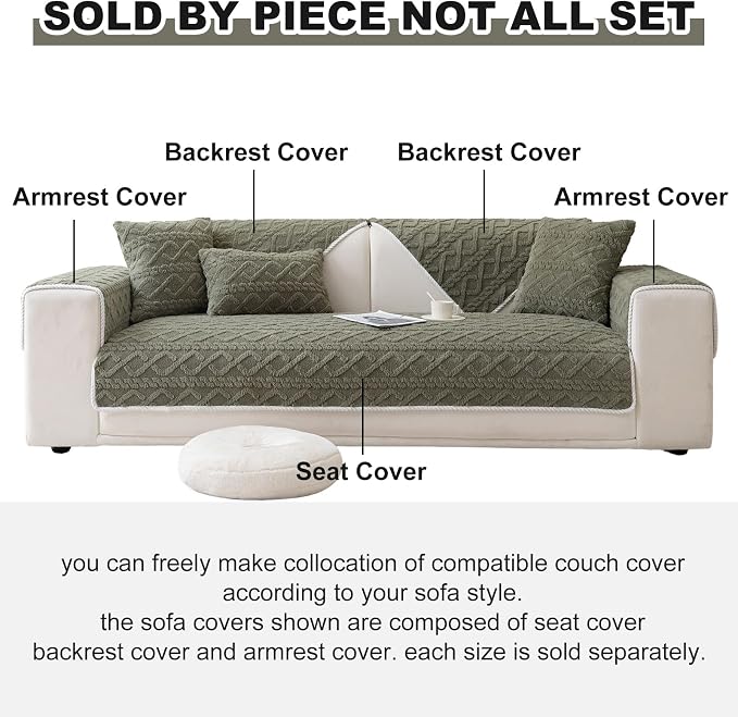 vctops Geometric Jacquard Plush Sofa Couch Covers Farmhouse Neutral Non Slip Sectional Couch Cover Soft Warm Sofa Slipcover for Dogs, Children, Pets Furniture Protector (Army Green,43"x70") - Image 2