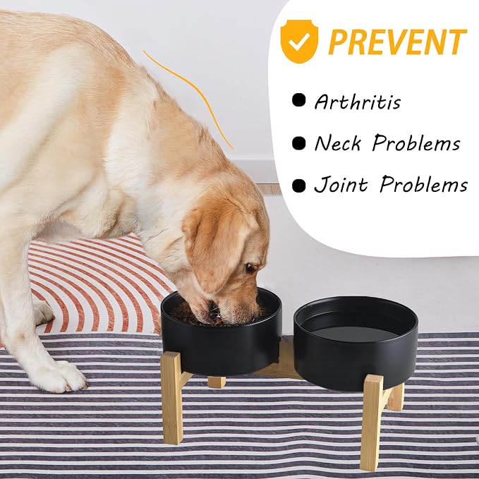 Raised Ceramic Dog Bowl Set - Elevated Dog Bowls with Non Slip Bamboo Stand, Food and Water Bowl Set for Small and Medium Breed Dogs, Pet Bowls, Weighted Dogs Dishes (6'', 2 * 30OZ, Black) - Image 6