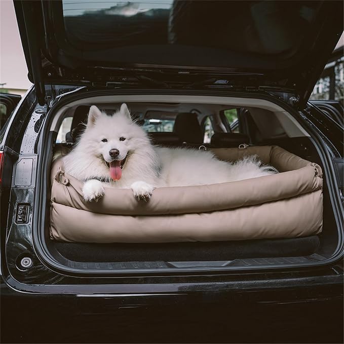 FUNNY FUZZY Leather Dog Car Seat for Large Size Dogs, Pet Booster Car Seats | Waterproof Car Seat with Safety Clip-On Leash, Soft Fabric Car Dog Bed Filling Memory Cotton, Washable Travel Pet Bed(Khaki) - Image 9
