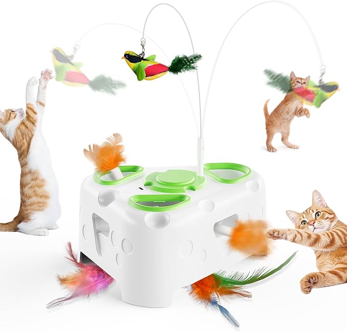 3-in-1 Automatic Interactive Cat Toy, Flying Bird, Mole & Feather | Rotating feather, 3 play modes, cheese-shaped non-slip base, USB-C rechargeable 1200mAh battery, 8-minute auto shutoff by PANRIO