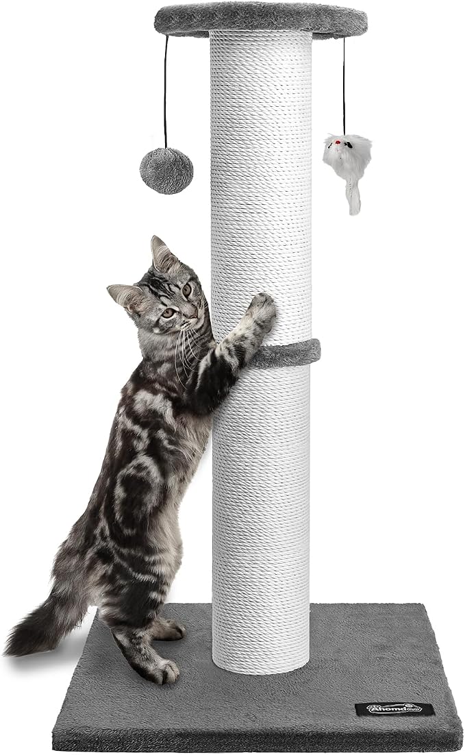 34-Inch Tall Cat Scratching Post for Large Cats, Stable Base, Gray | Heavy-Duty Cat Scratcher, Extra-Tall Thick Post, Soft Natural Cotton Rope, Hanging Interactive Cat Toys, Indoor Cat Furniture by Ahomdoo