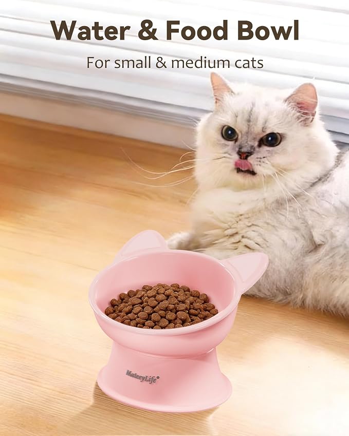 MateeyLife Raised Cat Bowls, Cat Food Bowl Elevated for Kittens & Small Dogs, 15°Tilted Protect Pets' Neck and Anti Vomiting, Whisker Friendly Food & Water Feeding Bowl, 6 oz Each - Pink - Image 3