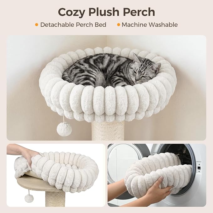 Avont 28.7" Sisal Cat Scratching Post with Large Plush Perch, Cream | Large Cat Scratcher Tower & Plush Elevated Cat Bed with Removable & Washable Cover, Sturdy Cat Perch for Indoor Cats - Image 6