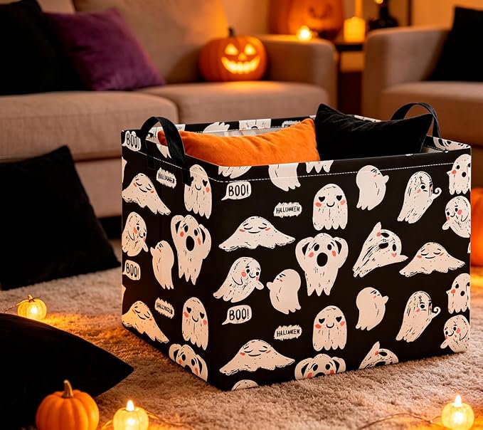 CLOCOR Rectangular Storage Basket Empty,Gift Basket,Waterproof Storage Bin with Handles,Room Decor(Black Ghost Halloween) - Image 2