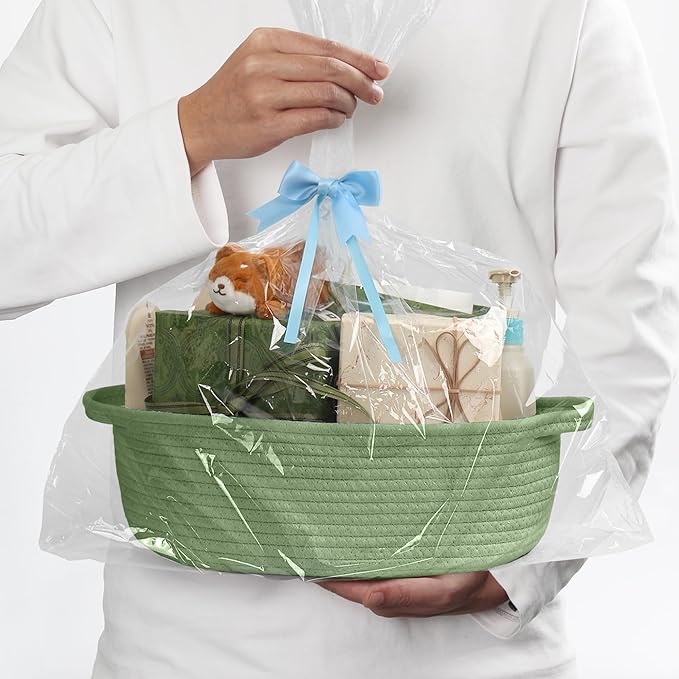 MEGASKET Green Woven Basket, 13" x 9" x 5" Baskets for Gifts Empty, Cute Cotton Rope Cat Dog Toy Bin Box, Small Woven Bin for Organizing, Green Room Decor, Nursery Baby Cloth Diaper Storage Organizer - Image 3