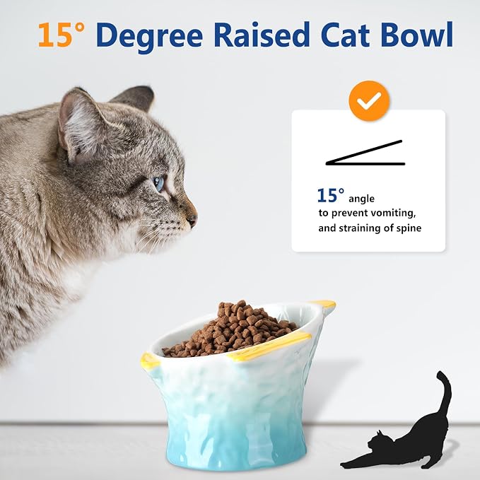 Tioncy 2 Pcs Raised Tilted Ceramic Cat Food Bowl Fish Shape Cute Elevated Slanted Shallow Angled Cat Dish Non Slip Feeder Bowl for Anti-Vomiting and Whisker Fatigue(Green, Pink) - Image 3