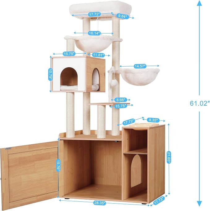 Hey-brother Cat Tree Tower, Wooden Litter Box Enclosure and Condo, MPJ115WB | 61.02 Inches Modern Cat Furniture with Large Platform, Scratching Posts, 2 Hammocks, All-in-one for Indoor Cats, Rustic Brown - Image 3