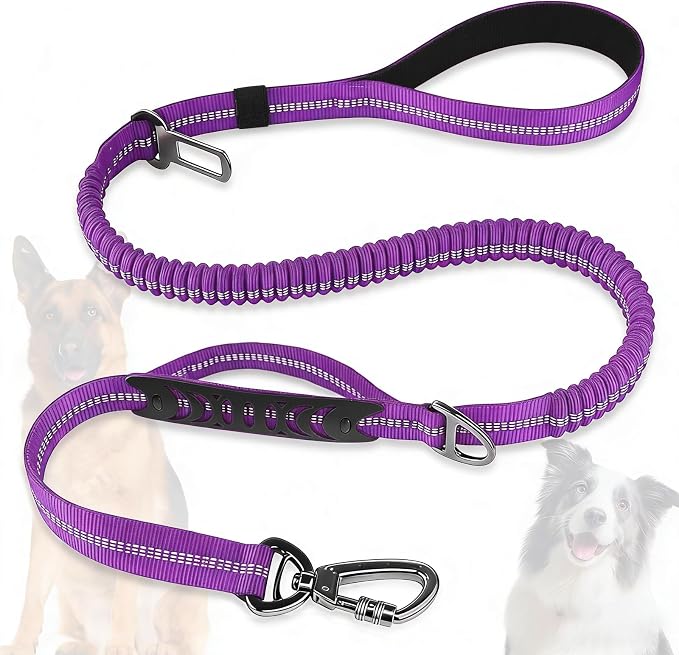 Dog Leash Heavy Duty, Reflective Bungee Leash Seat Belt for L Dogs Purple | 4-6FT Strong Shock Absorbing Tactical with 2 Padded Handles, Dog Tug Lead for Large XL Dogs Walking Running Training by Misthis