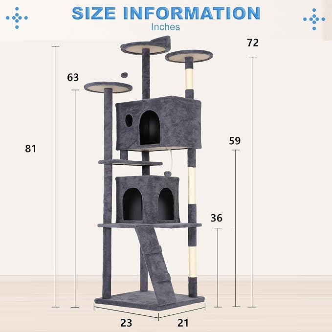 FDW | 81" Cat Tree Tower | Dark Gray | Multi-Level Indoor Activity Center with Sisal Scratching Posts, Condos, Plush Perches, Hanging Cat Toys | Sturdy, Easy to Assemble | for Kittens & Adult Cats - Image 7