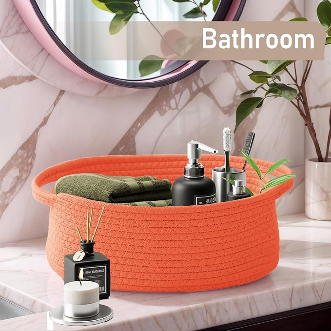 JMvicyroam Small Woven Basket, Empty Gift Basket, Orange/1 Pack | Small Gift Basket, Cotton Rope, 12 x 8 x 15 in, Handles, Includes Ribbon and Bag, Birthday Gift Basket - Image 8