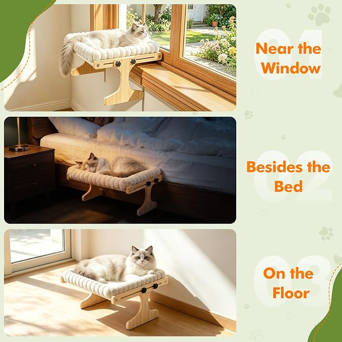 XiaZ Cat Perch for Window Cats Hammock Indoor Bed for Window Adjustable Wooden Frame Bird Watching Sunbathing Space-Saving Single Layer 18 * 16 * 9.4inch (Small Breeds Recommended) - Image 4