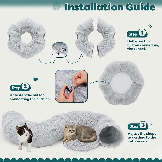 DUMOS Cat Tunnel Bed for Indoor Cats, Cave Donut Play Tunnel, Silver | Soft Plush Peekaboo, Washable Circle Cushion, Multifunctional Playground Under Tree Toys for Kittens, Puppy, Rabbit, Ferret - Image 6