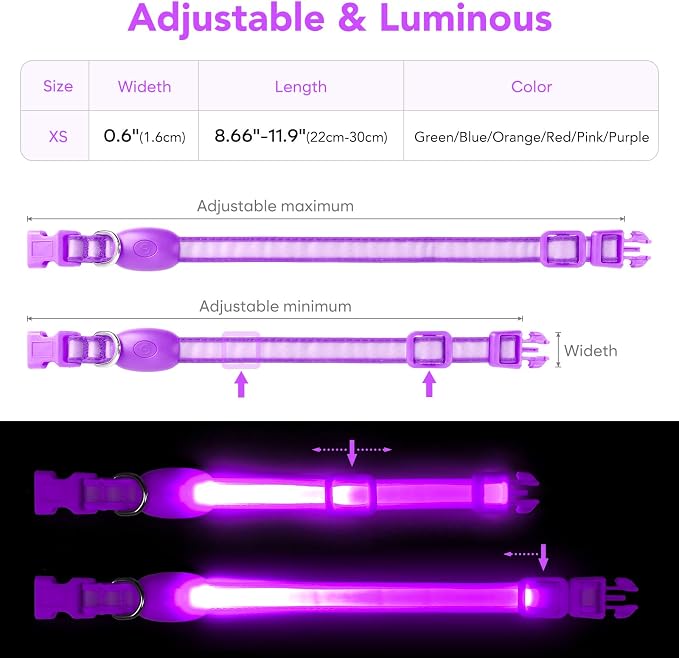 Light up Collar for Small Dog,Vizpet XS Led Adjustable Small Size Collar | USB Rechargeable Bright Safety Pet Nylon Collar for Cats Small Dogs (Purple) - Image 5