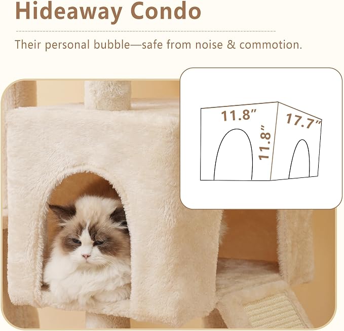 Heybly 64.2" Heavy-Duty Cat Tree for Large Cats with Wide Base HCT027M | Indoor Cat Tower with Scratching Posts & Board, Cat Furniture with Big Platforms, Extra-Large Hammock, Beige - Image 6