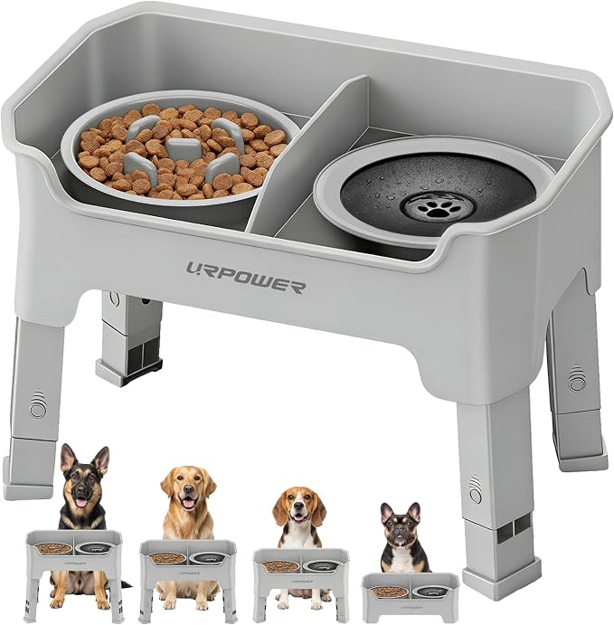 URPOWER Mess Proof Elevated Dog Bowls 4 Height Adjustable Raised Stand | No Spill Water Bowl, Slow Feeder Dog Bowls, Non-Slip Food and Water Bowl Set for Small, Medium & Large Dogs by URPOWER