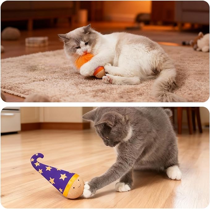 Lulu's world Solid Wood Wobbler Cat Toy with Catnip for Cats,Feather Style | Cat Punching Bag,360° irregular motion, noiseless physical drive, hardwood construction, rounded finish,interactive toys - Image 5