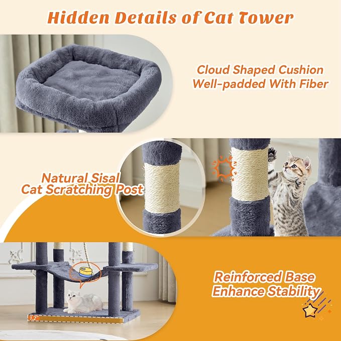 DUMOS Large 66 Inch Cat Tree Tower with Scratching Posts, Indoor Use | Tall Multi Level Cat Climbing Tower with Hammock, Pet Condo for Cats and Kittens Play, Dark Grey - Image 3
