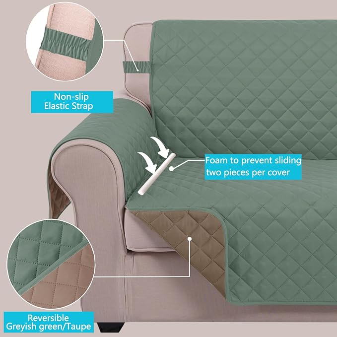 U-NICE HOME Large Sofa Cover Reversible Couch Cover, Greyish Green/Taupe | 78''Oversized, Washable, Pet Friendly, Elastic Straps, Water Repellent, Furniture Protector Mat for 3 Cushion Couch - Image 3