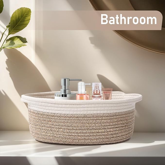 JMvicyroam Small Woven Basket, Empty Gift Basket, White&Oatmeal/2 Pack | Small Gift Basket, Cotton Rope, 12 x 8 x 73 in, Handles, Includes Ribbon and Bag, Birthday Gift Basket - Image 8