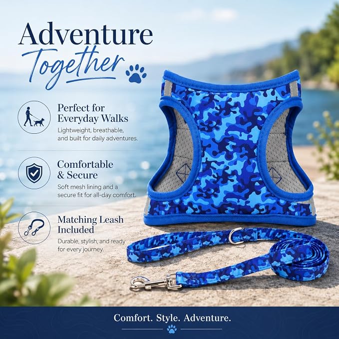 Step in Boy Dog Harness Leash Set- All Weather Reflective No-Pull Padded Mesh Vest Harness for Cats Puppy Extra-Small Small Medium Large Dogs - Blue Camouflage - XL - Image 4