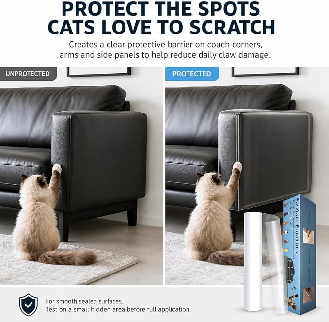Cat Scratch Furniture Protector for Leather Couch, Clear Self Adhesive Cat Scratch Tape, Removable No Residue Couch Protector from Cats for Sofa Corners, Walls, Doors, 197 x 11.8 in - Image 2