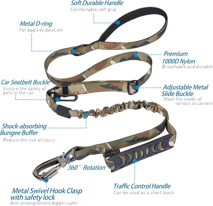 Hotsky Tactical Bungee Shock Absorbing No Pull Strong Dog Leash,CP,4-6FT | Heavy Duty for Medium Large Dogs That Pull up to 660 lb,with Padded Double Handle ＆ Car Seatbelt,360°Rotating Locking Clasp - Image 2