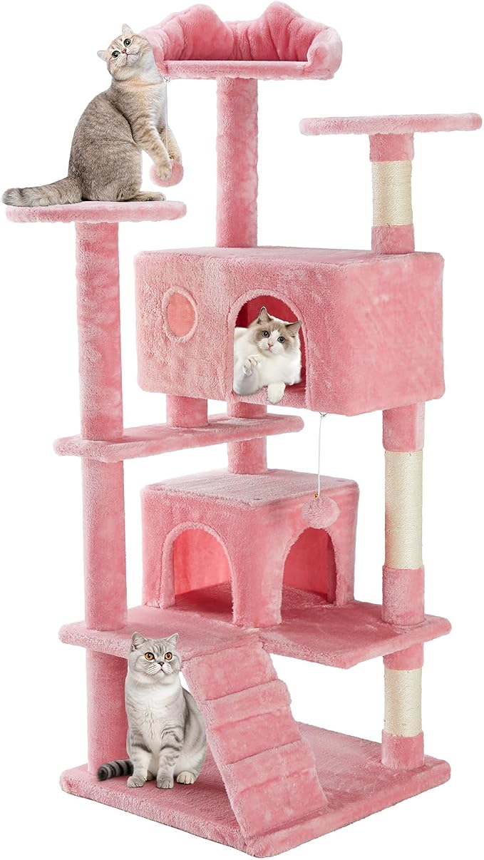 Sweetcrispy 54-inch Cat Tree Tower with Scratching Posts, Indoor Use | Multi Level Indoor Cat Tree Condo with Climbing Ladder, Plush Toy, Play House for Kitten, Pink by Sweetcrispy