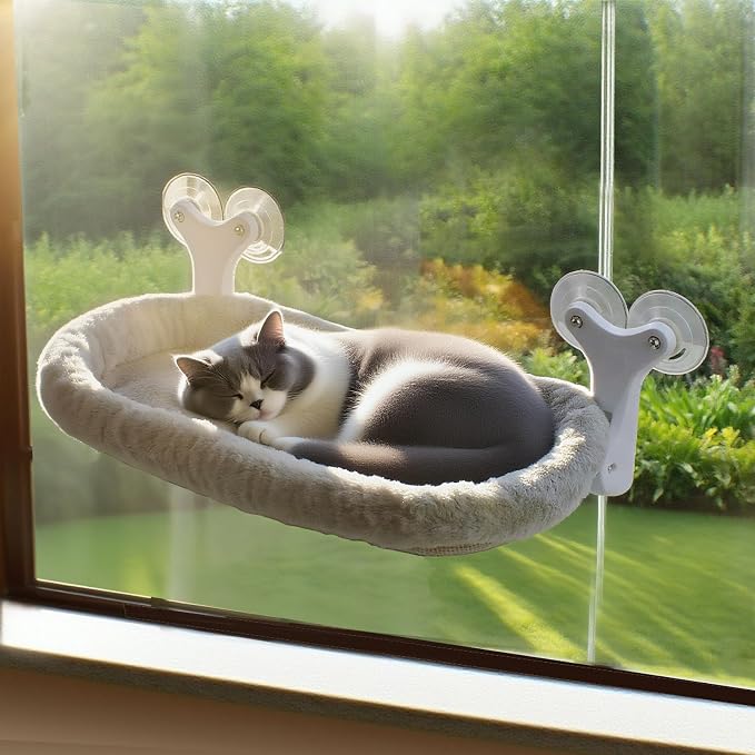 Cat Window Perch with 6 Strong Suction Cups,Mats that can be Switched Between Winter and Summer, Foldable Cordless Cat Beds Can Bear 50LBS Weight (White) - Image 7
