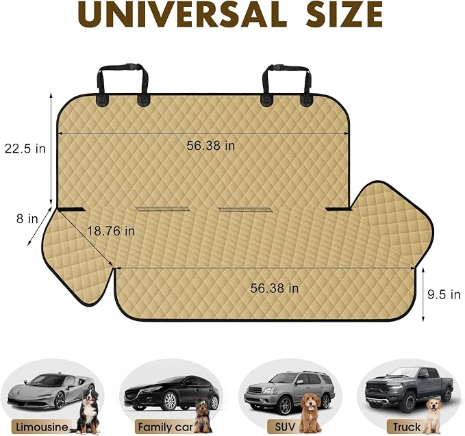 Waterproof Dog Backseat Cover for Cars, Non-Slip Pet Seat Protector, Khaki - Image 2
