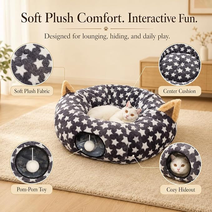 Large Cat Tunnel Bed Under Christmas Tree with Fluffy Toy Balls, Small Cushion and Flexible Design- 10 inch Diameter, 3 ft Length- Great for Cats, and Small Dogs, Gray Star Pattern - Image 4