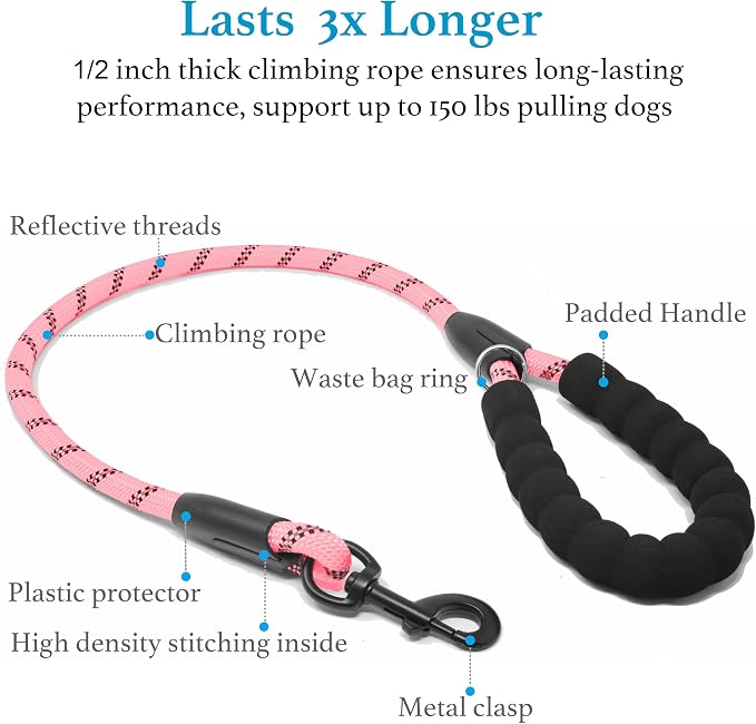 Double Dog Leash, 360° Swivel, No Tangle, Large, Baby Pink | Dual Leash for Two Dogs, Split Leash, Shock-Absorbing Bungee, Padded Handle, Heavy-Duty Rope - Image 3