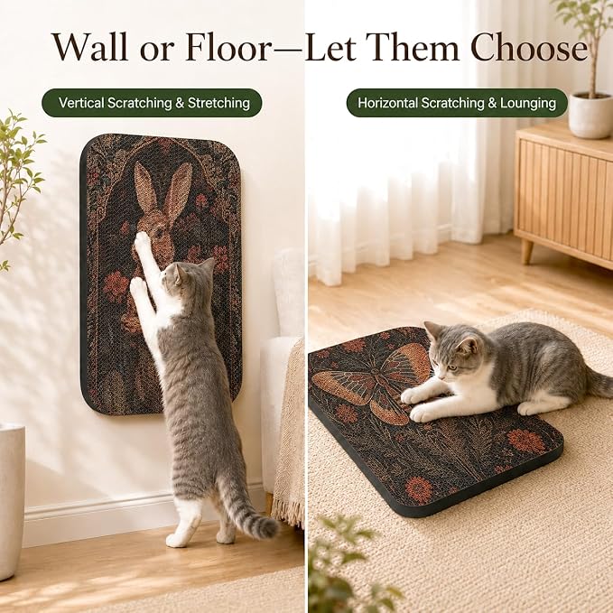 2 Pack Cat Wall Scratcher, Art Cat Scratching Board for Cats | Wall Mounted Cat Scratch Pad, Water-Based Ink, Hook&Loop Strips, Floor or Wall Use, 16.7x11x1 Inch, Butterfly & Rabbit - Image 5