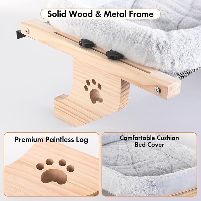 AMOSIJOY Cat Sill Window Perch Sturdy Hammock Window Seat with Cushion Bed Cover, Wood & Metal Frame for Large Cats, Easy to Adjust Cat Bed for Windowsill, Bedside, Drawer and Cabinet(Cushion Bed) - Image 6