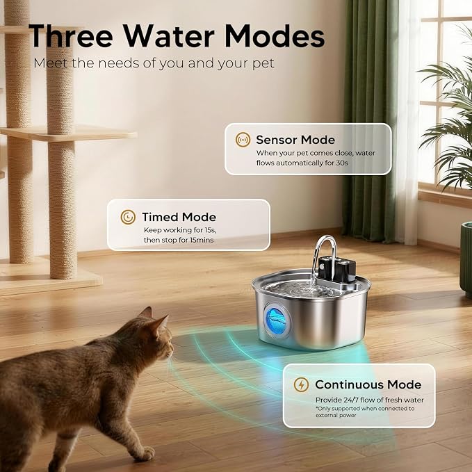 Voluas Stainless Steel Cat Water Fountain, Wireless, 108oz/3.2L, 1 Filter | Cordless Design, Ultra-Quiet Pump, Easy to Clean, BPA-Free - Image 5
