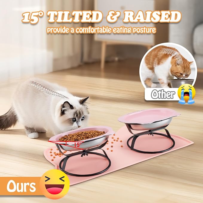 Elevated Cat Bowls with Food Mat & Metal Stand - 7.1" Wide Stainless Steel Whisker Friendly Dishes, 15° Tilt for Cats/Kittens/Small Dogs, Indoor/Outdoor & Travel Use (2-Pack) HBGmao-hao (Pink) - Image 2