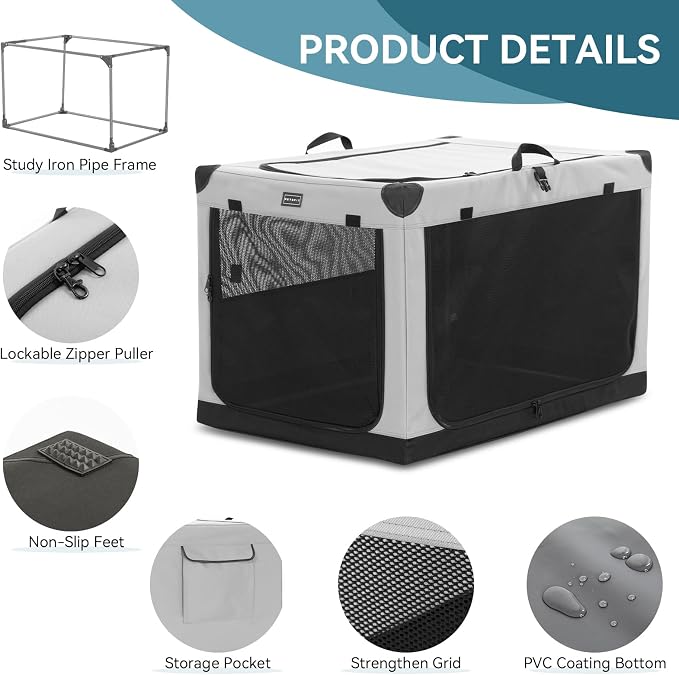 PETSFIT 40" Soft Portable Dog Crate – Patented Spiral Sturdy Frame, Collapsible Travel Kennel for Large Dogs, 3 Mesh Door, Lockable Zippers, Indoor & Car Use Gray - Image 5