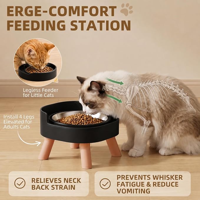 Elevated Cat Bowls, 2P Raised Cat Food and Water Bowl Set for Indoor Cats, Splash Proof with 2 Stainless Steel Pet Food Bowls for Cats ＆ Puppies, Whisker Friendly and Dishwasher Safe - Black - Image 4