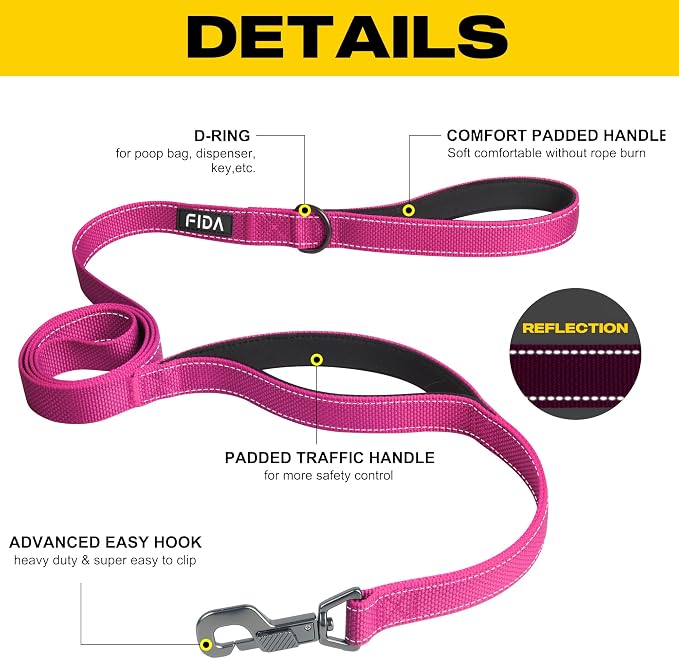 Fida Heavy Duty Dog Leash for Medium Large Dogs, 4 FT, Dual Padded Handles | Traffic Handle for Close Control, Advanced Easy Snap Hook, Reflective, Strong Nylon Webbing for Daily Walks & Training, Rose - Image 2
