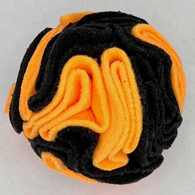 Glory To Dog Puppy/Small Breed Snuffle Dog Puzzle Ball Toy Orange and Black | Halloween Interactive fleece snuffleball hides treats at variable depths. Puzzle engages smell & foraging. Machine wash 4" - Image 3