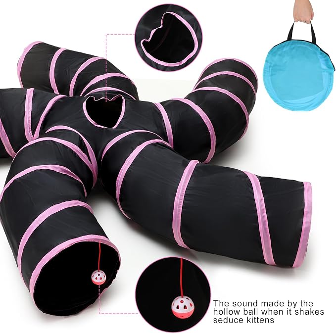 Poen 21 Pcs Cat Tunnel for Indoor Set Collapsible 5 Way Tubes with 20 Pcs Cat Kitten Toys Interactive Feather Toy Mouse Crinkle Balls Tube for Puppy Kitten Rabbit(Pink Black) - Image 6