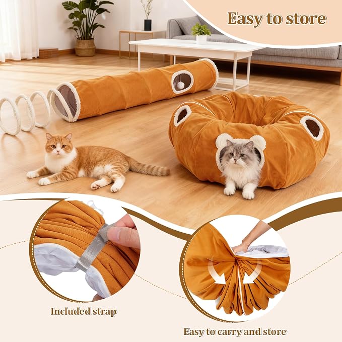 Ownpets 2-in-1 Cat Tunnel Large Lollipop Collapsible Cave Plush 12"D Orange | Foldable Tunnel Bed, Fluffy Ball, Multi-Exit Maze, For Cats Kittens Puppies Rabbits, Soft Plush, Easy Store, Cozy Hiding Spot - Image 5