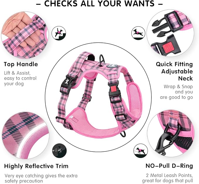 PoyPet Plaid Dog Harness Large, No Pull Vest with Front Clip & Neck Buckle | Padded Handle, Reflective, No Choke, Lockable, 2 Leash Rings, Full Adjustable, for Training Walking, XL, Checkered Pink - Image 3